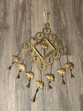 Gold Elephant Wind Chime Wall Hanging with Blue and Red Beads